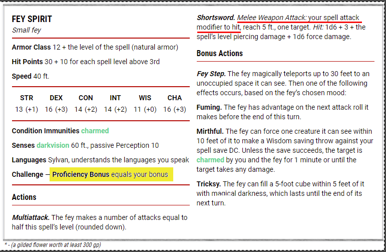 D D 5e What Is The Proper Attack Bonus For Summoned Fey From Tasha S En World Dungeons Dragons Tabletop Roleplaying Games