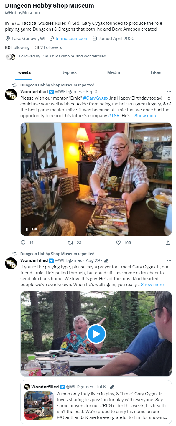 A screenshot of Dungeon Hobby Shop Museum's twitter, showing they have tweeted Wonderfilled about Ernie on 3 Sept (birthday) and 29 August (say a prayer) but no original tweets or anything more recent.
