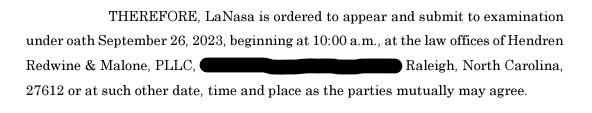 Screenshot of the part of the order specifying it's at 10 am, 26 September 2023, at the offices of Hendren, Redwine & Malone PLLC or any other place they mutually agree.