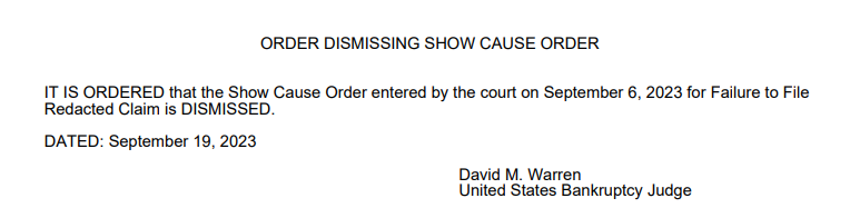 A screenshot of the order dismissing the show cause order, dated 19 September 2023.