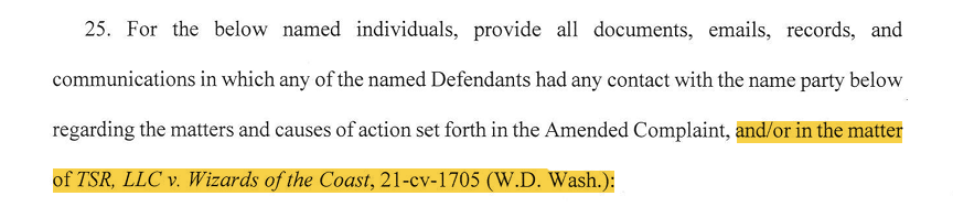 Screenshot showing the inquiry also specifies , and./or in the matter of TSR, LLC v. Wizards of the Coast,21.-cv-1.7 05 (W.D. Wash.):