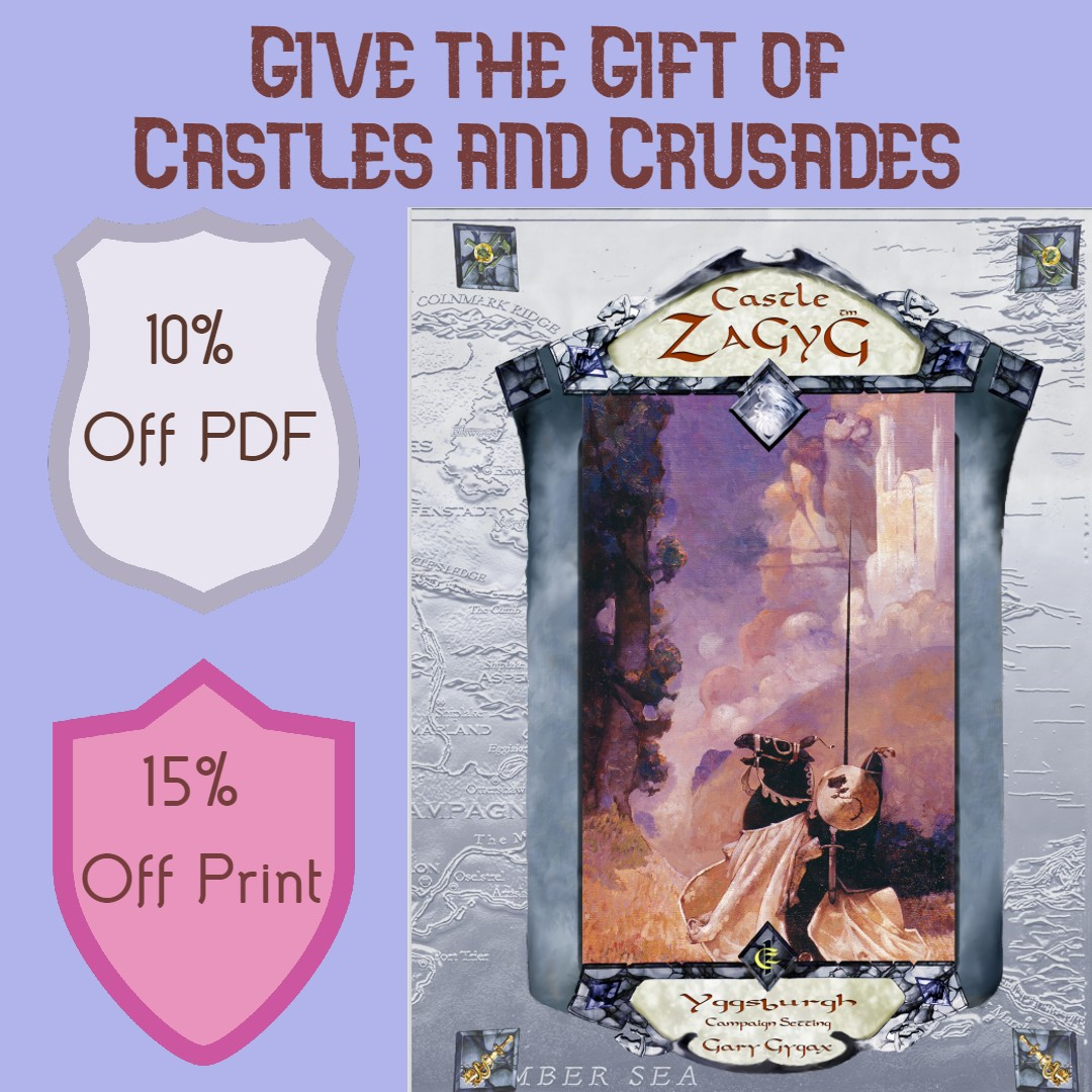 A photo of the book and the discounts, 10% off pdf, 15% print for the Castle Zagyg Yggsburgh book.