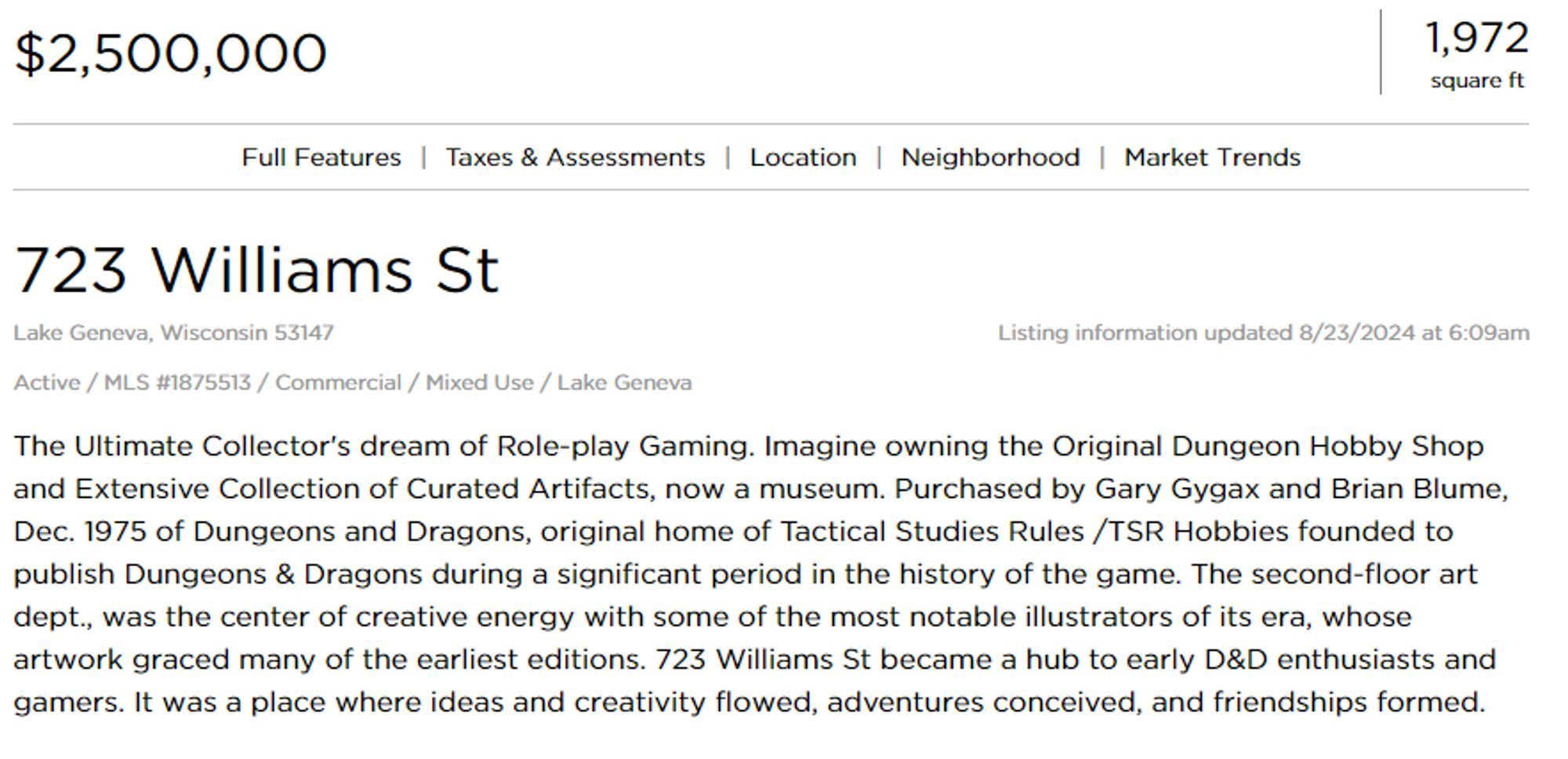 Screenshot showing the place is still listed as for sale, asking price $2.5 million