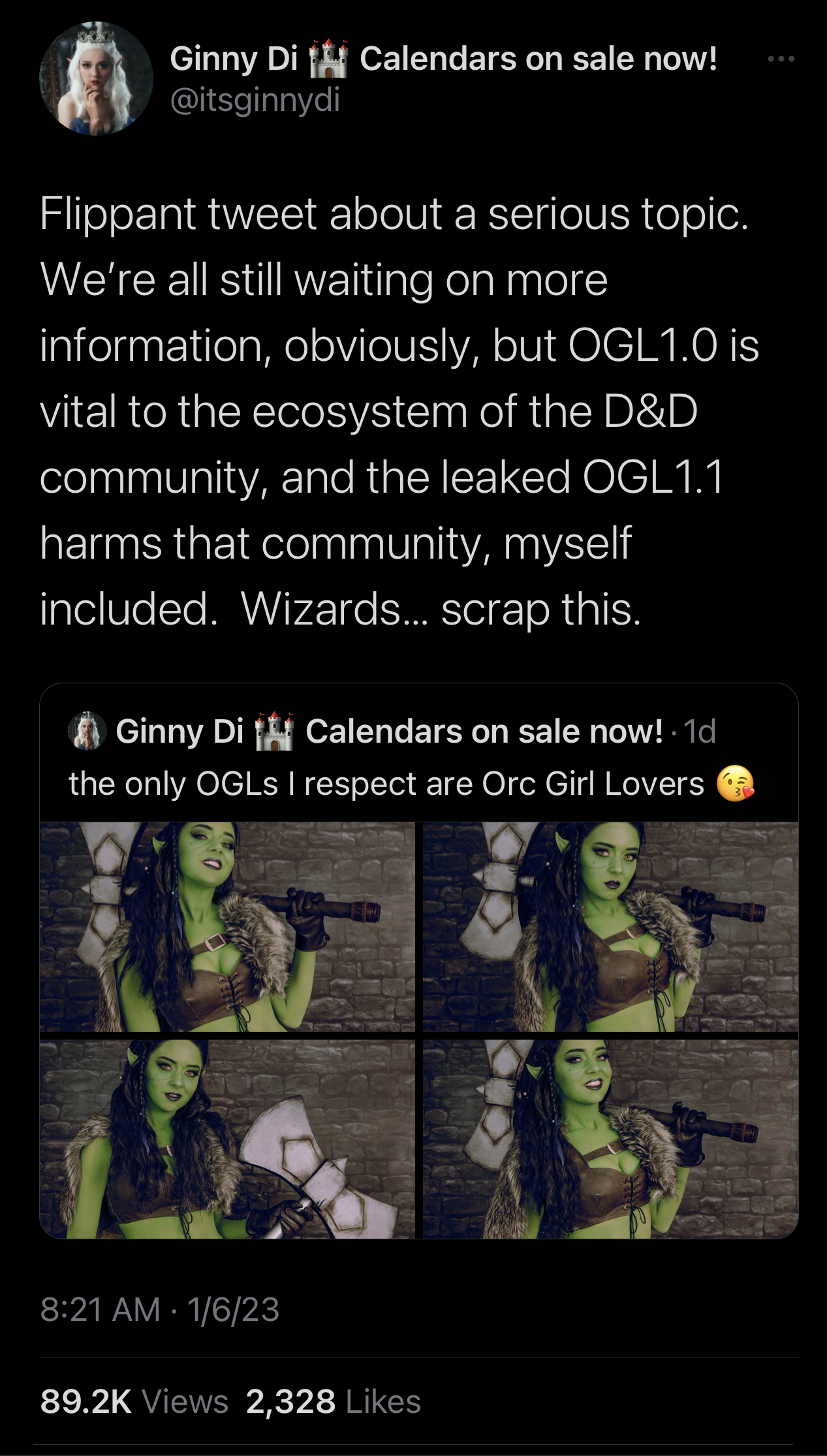 Flippant tweet about a serious topic. We’re all still waiting on more information, obviously, but OGL1.0 is vital to the ecosystem of the D&D community, and the leaked OGL1.1 harms that community, myself included.  Wizards… scrap this.