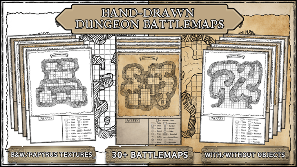 30+ Hand-Drawn Dungeon Maps for any TTRPG - Three Themes.png