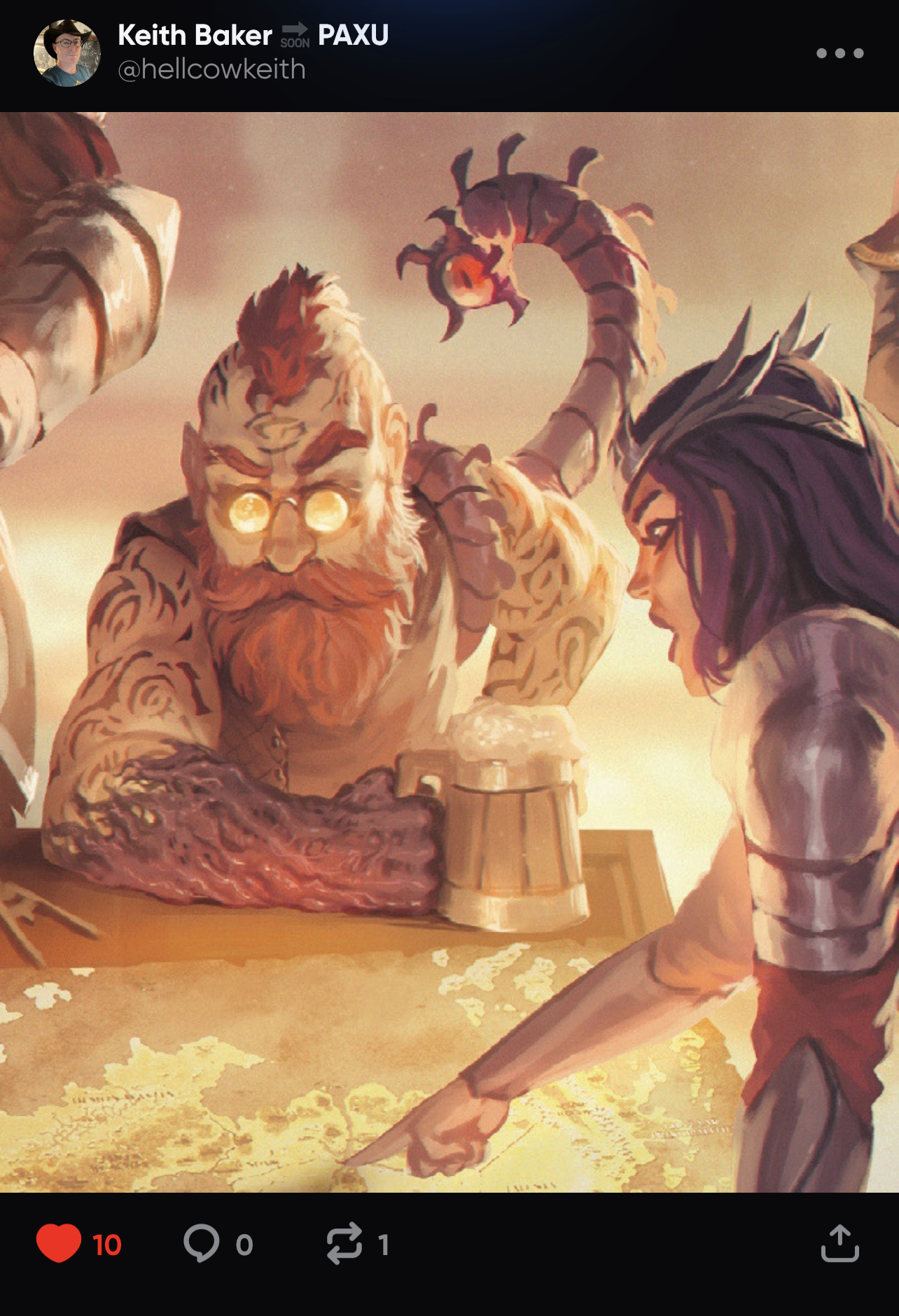 A dwarf stares at a map. his arms are covered by tattoos, his right forearm is covered by a symbiont, and an eyeworm peers curiously over his shoulder. A purple-haired kalashtar with sentira armor points at the map. Art by Thomas Bourdon.