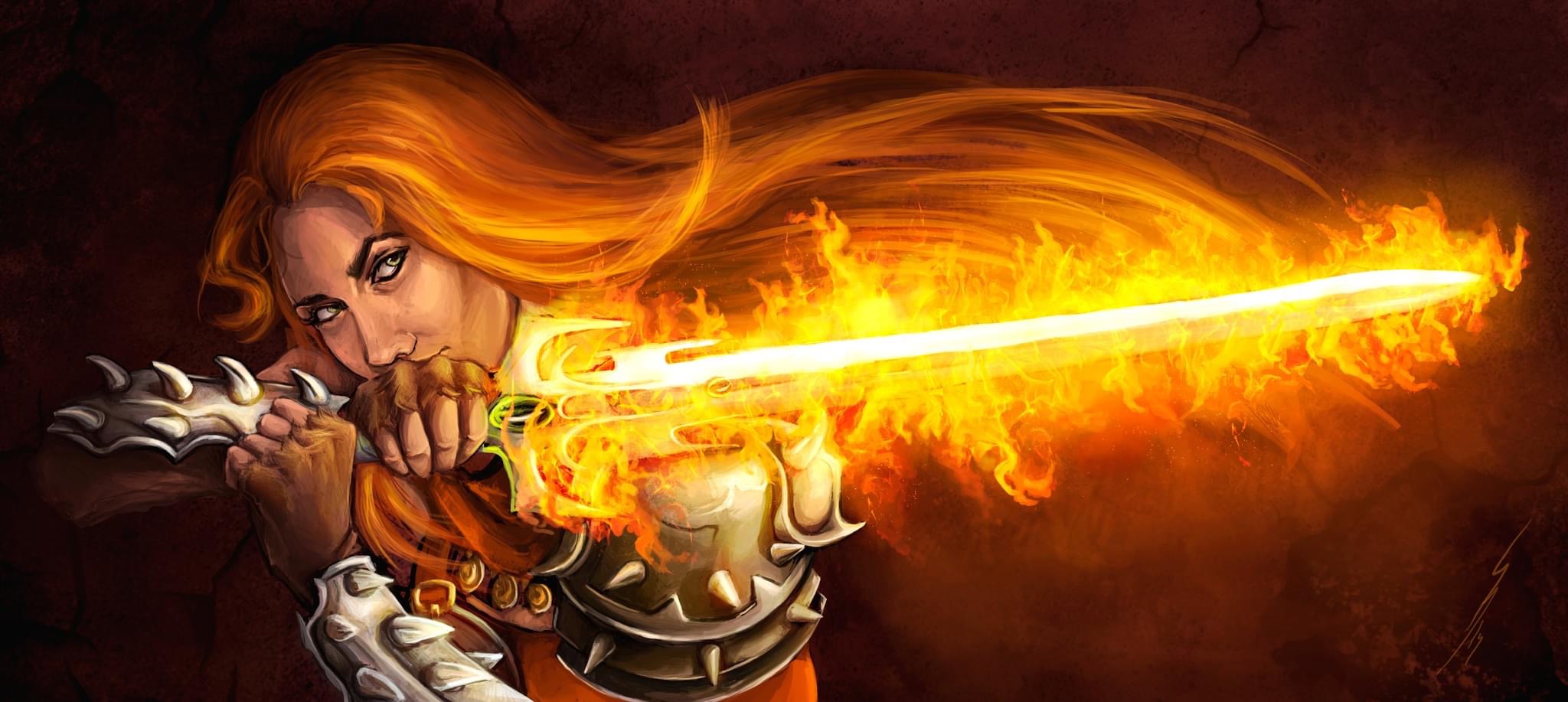 Woman in plate with long hair and a flame blade!