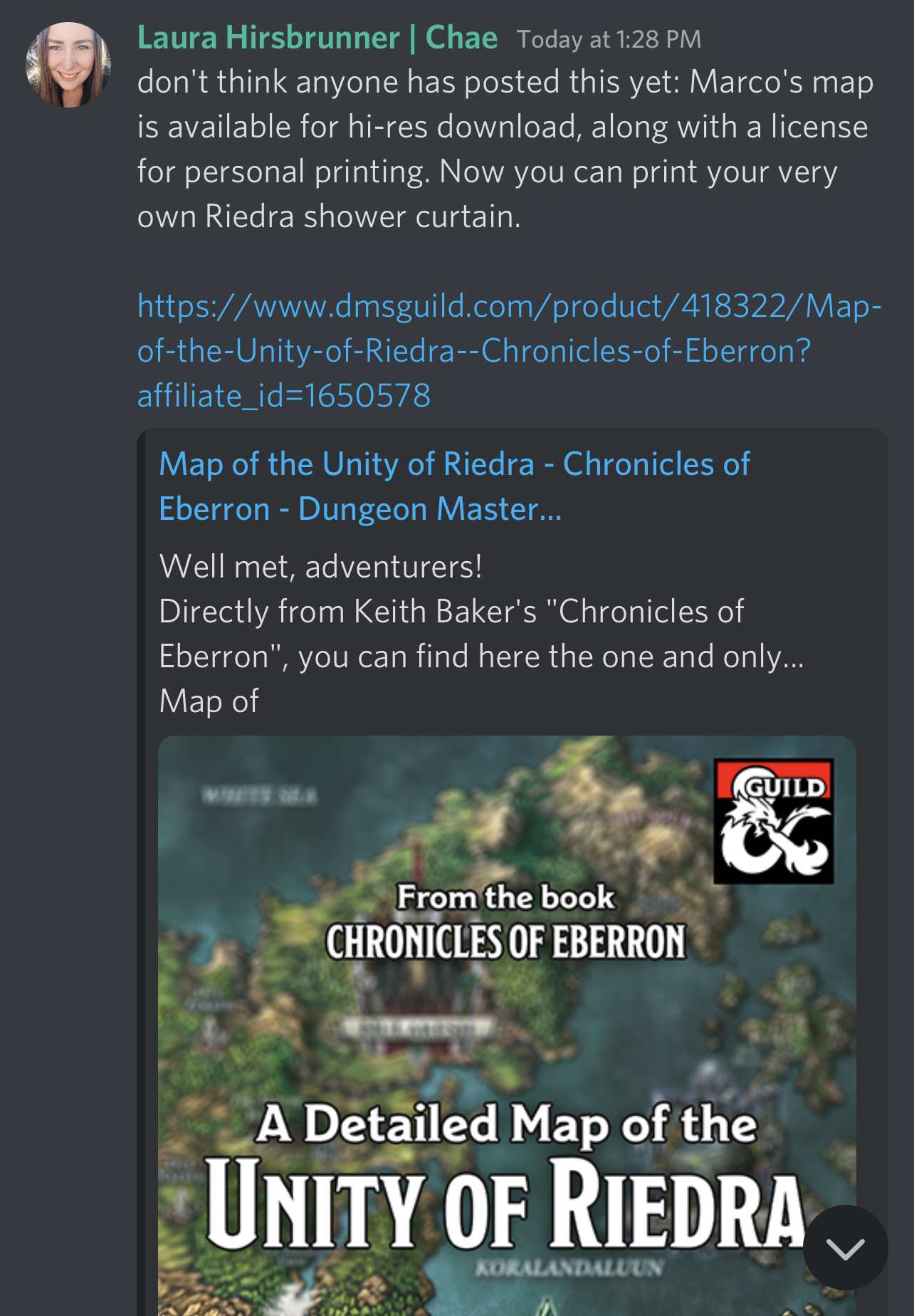 don't think anyone has posted this yet: Marco's map is available for hi-res download, along with a license for personal printing. Now you can print your very own Riedra shower curtain. https://www.dmsguild.com/product/418322/Map-of-the-Unity-of-Riedra-Chronicles-of-Eberron? affiliate id=1650578 Map of the Unity of Riedra - Chronicles of Eberron - Dungeon Master... Well met, adventurers! Directly from Keith Baker's Chronicles of Eberron, you can find here the one and only... Map of WHERE SEA