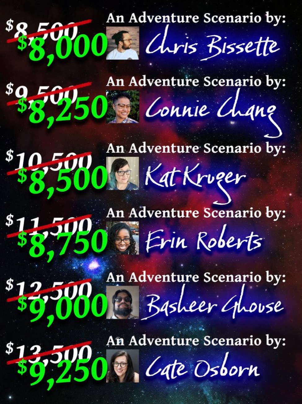Image of slashed numbers for six Kickstarter stretch goals by Chris Bissette, Connie Chang, Kat Kruger, Erin Roberts, Basheer Ghouse, and Cate Osborn