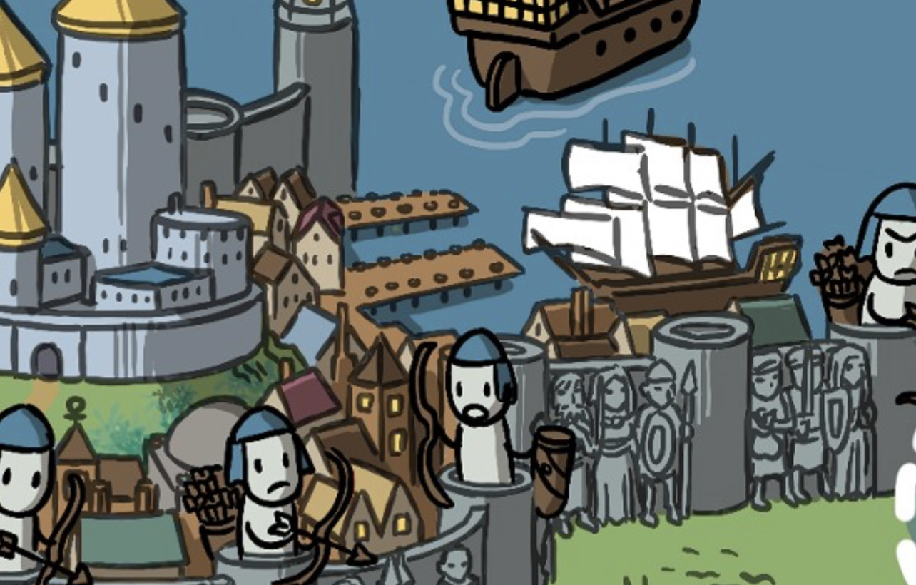Cartoony figures stand in a wall of a city port town looking out and in guard.