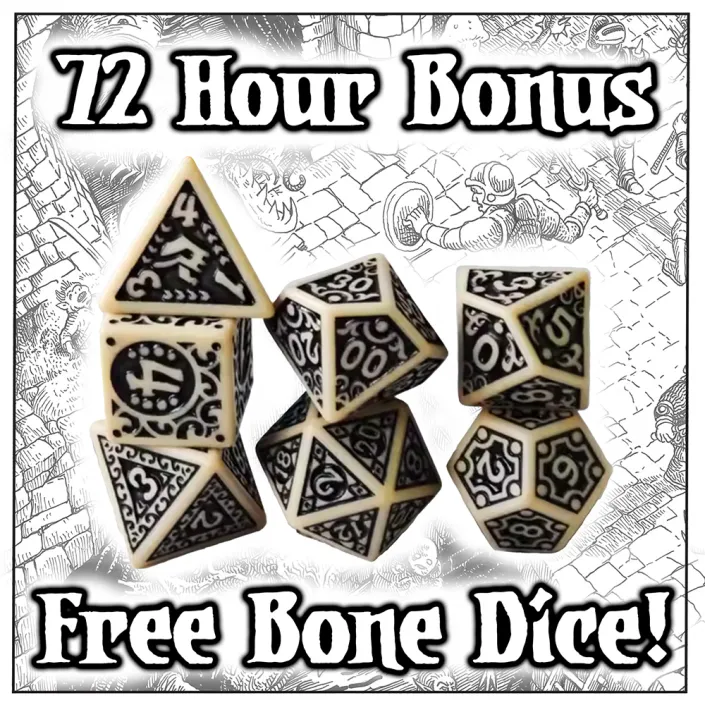Set of seven bone white dice with black flourishes.