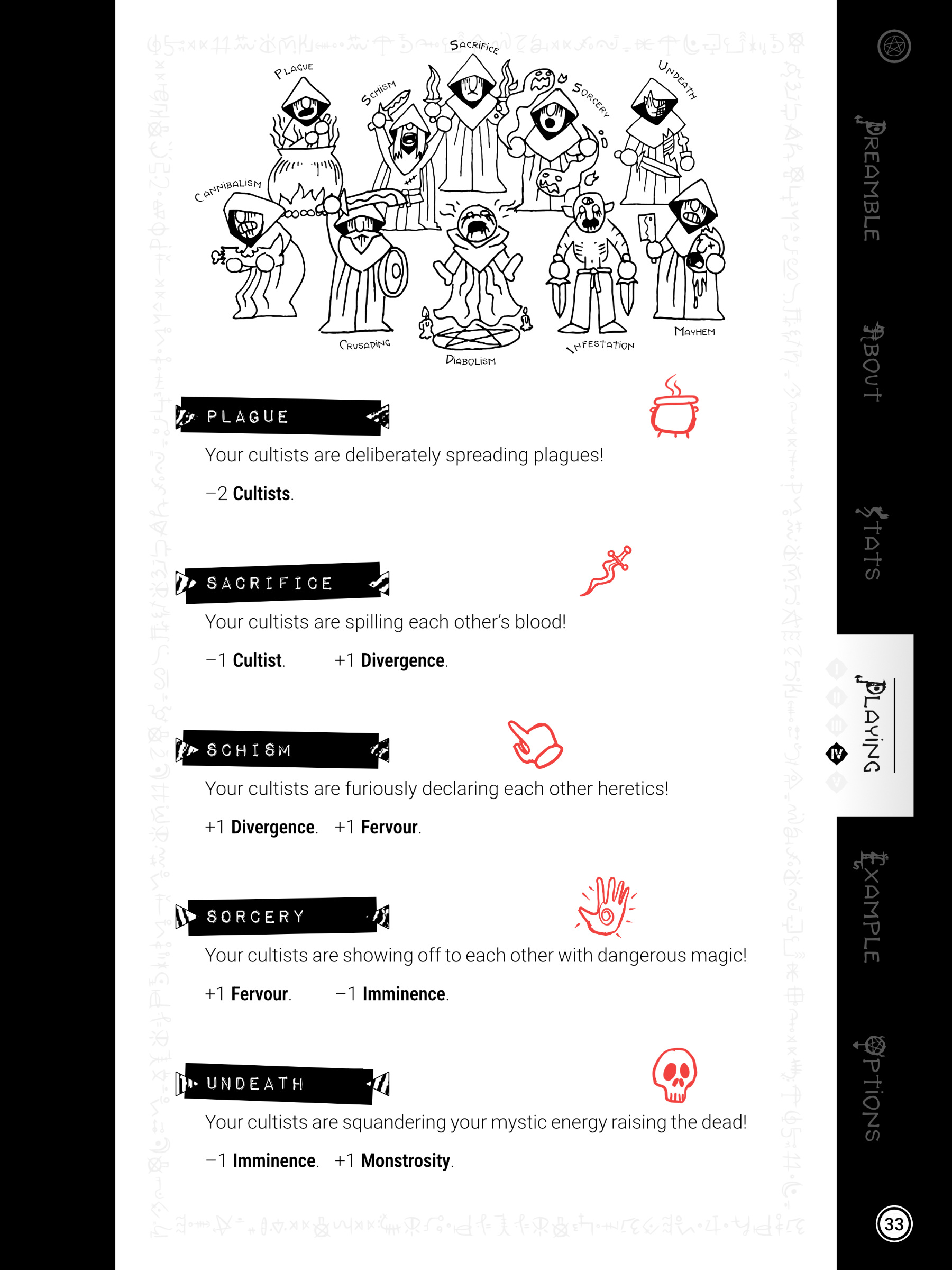 Page showing some of the things that can afflict your cult like 'Diabolism' and 'Plague', the in-game consequences, and the tabbed page edges for navigation.
