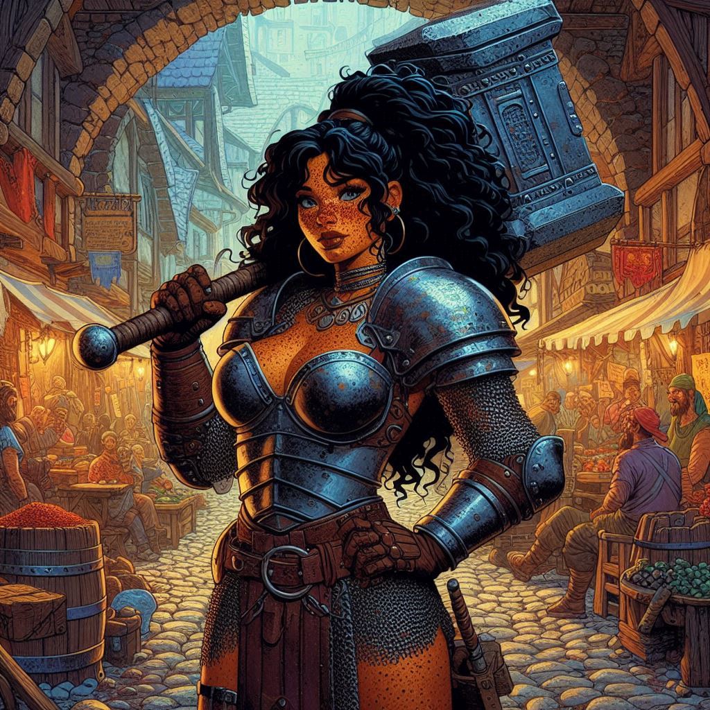 A vibrant 1970s fantasy style RPG illustration of a freckled dark brown-skinned dwarf woman, ...jpeg