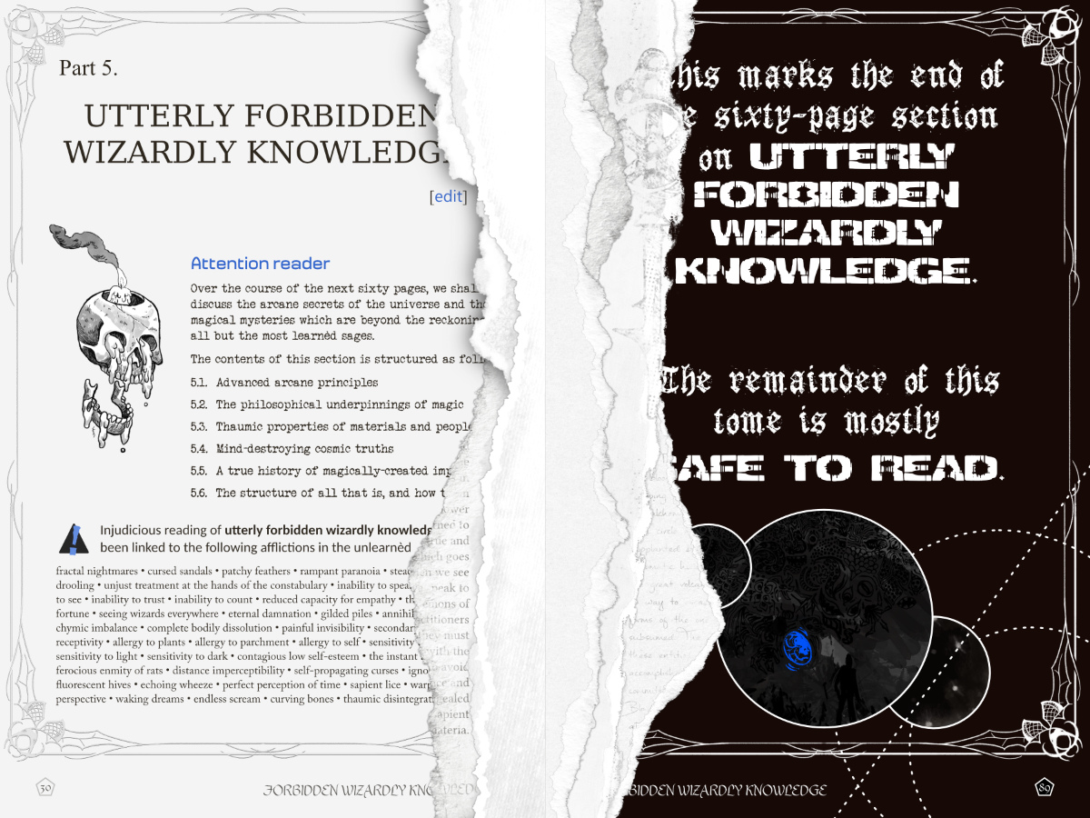 Draft spread. Utterly forbidden wizardly knowledge. Torn pages.