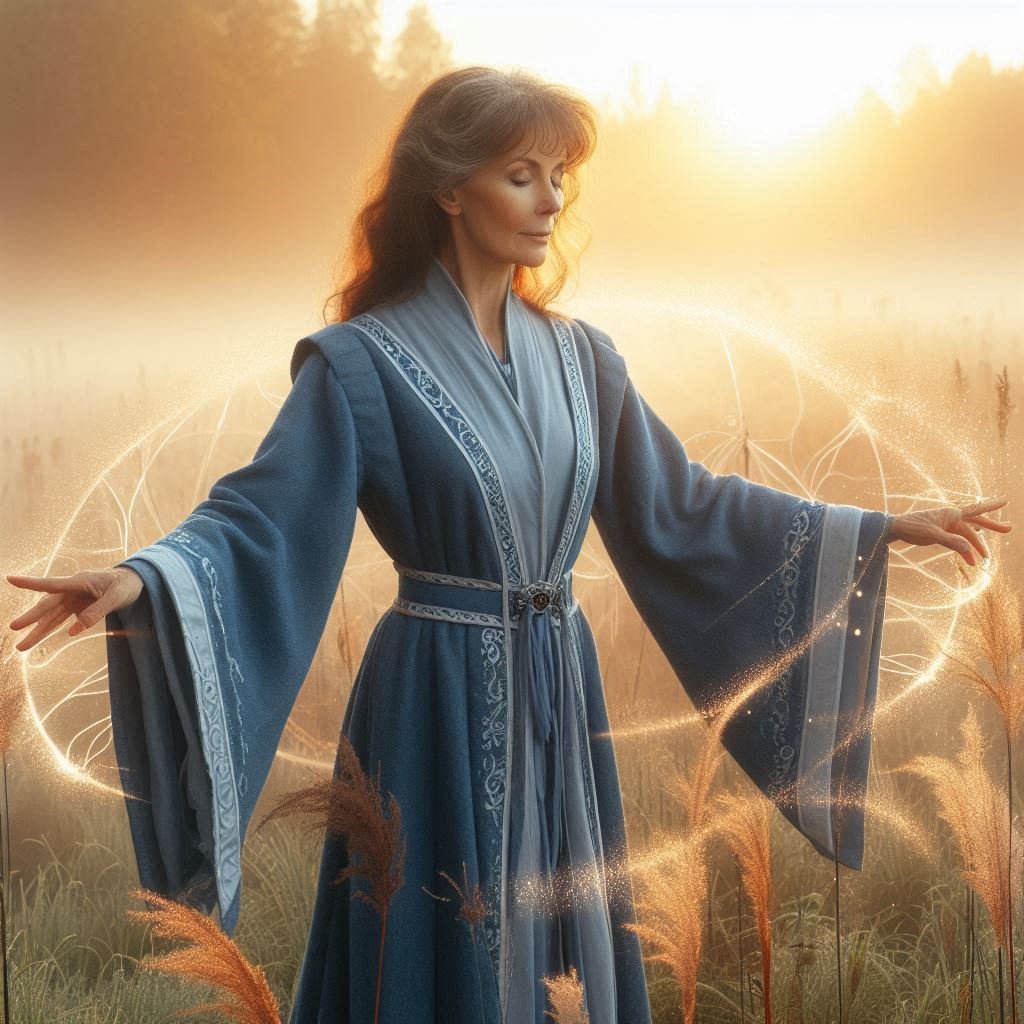 An mature human woman with brown hair, wearing full robes of blue with white trim. She stands...jpeg
