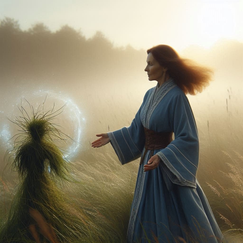 An mature human woman with brown hair, wearing full robes of blue with white trim. She stands...jpeg