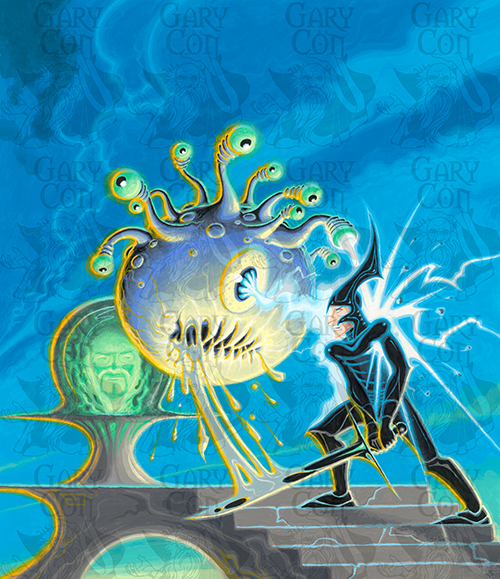 Erol Otus art of a beholder in front of a crystal ball showing a wizards face (Gary?) facing off a night in black armor with a black sword.