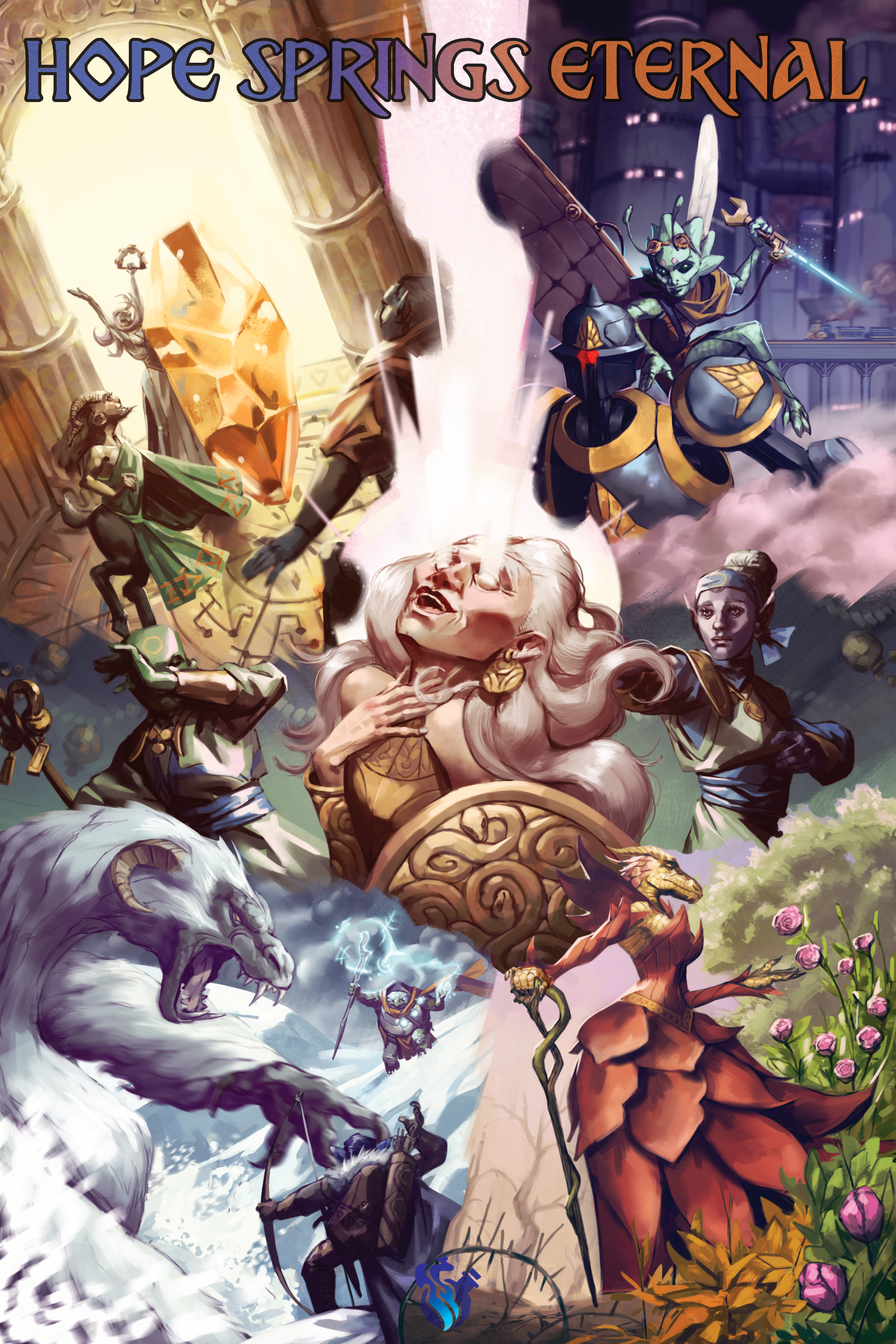 cover for a Daggerheart supplement showing a montage of 5 scenes to illustrate the 5 campaign frames