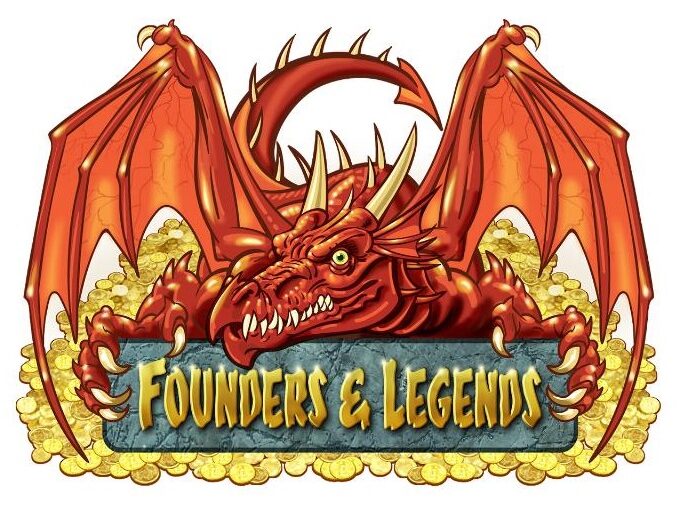 Evil Red Dragon holding up the Founders & Legends logo carved in gold on stone sitting on a pile of gold.