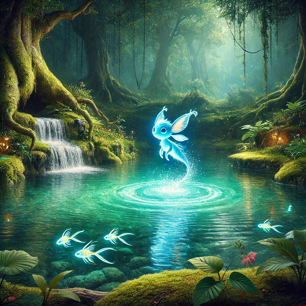 DALL·E 2024-09-15 11.49.09 - A serene forest scene featuring an enchanted pool with crystal-c...webp