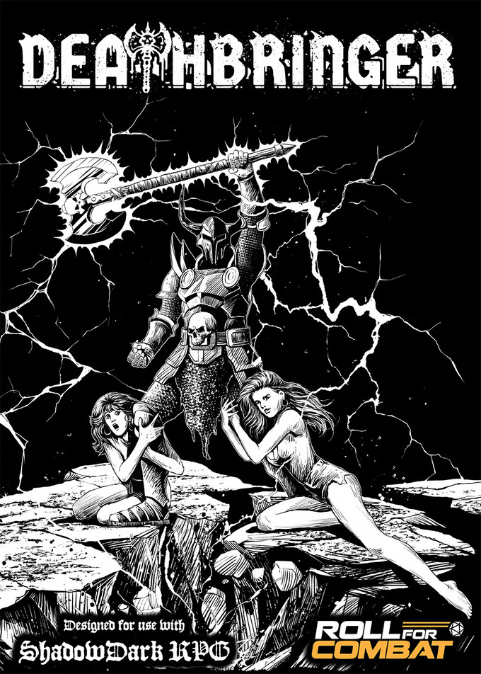 The Deathbringer knight, holding his battleaxe aloft as he straddles a crevasse in the earth. Two scantily clad women clutch his legs.