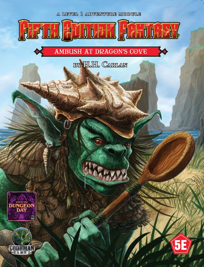 Cover of the adventure mentioned. An Orc or Goblin with a wooden spoon like weapon. 