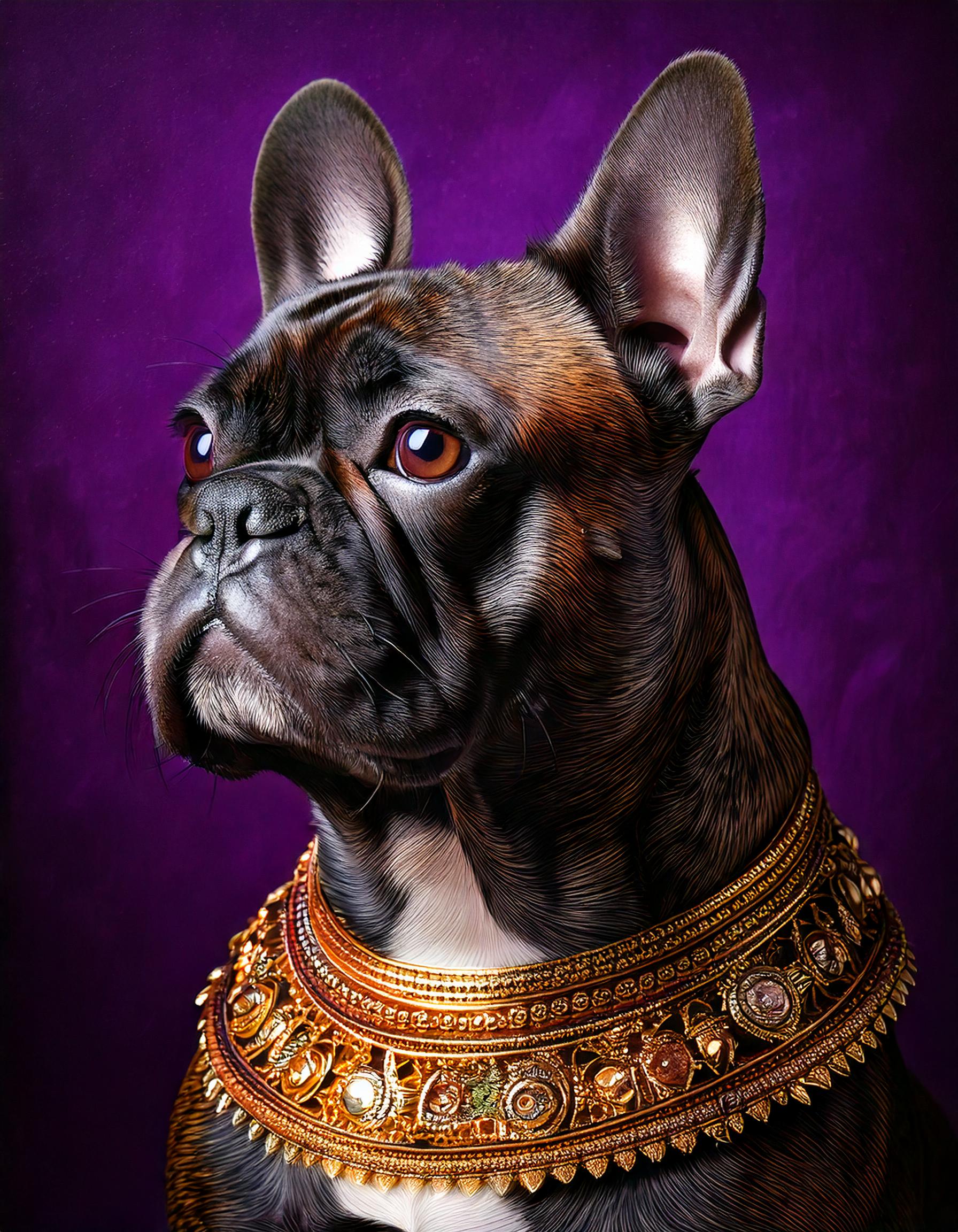 Firefly Surrealistic realistic painting, dark brown brindle female French bulldog human hybrid...jpg