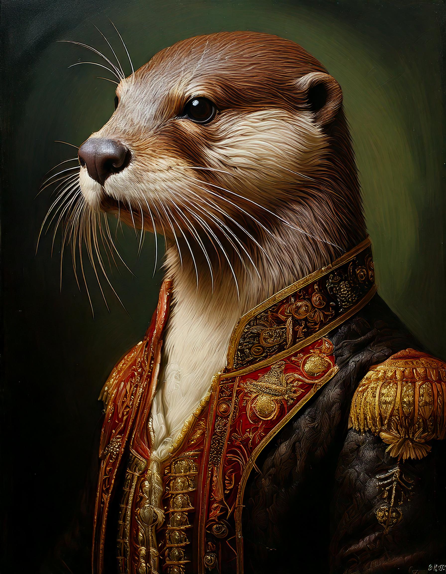 Firefly Surrealistic realistic painting, river otter human hybrid, royal portrait. Picture in ...jpg