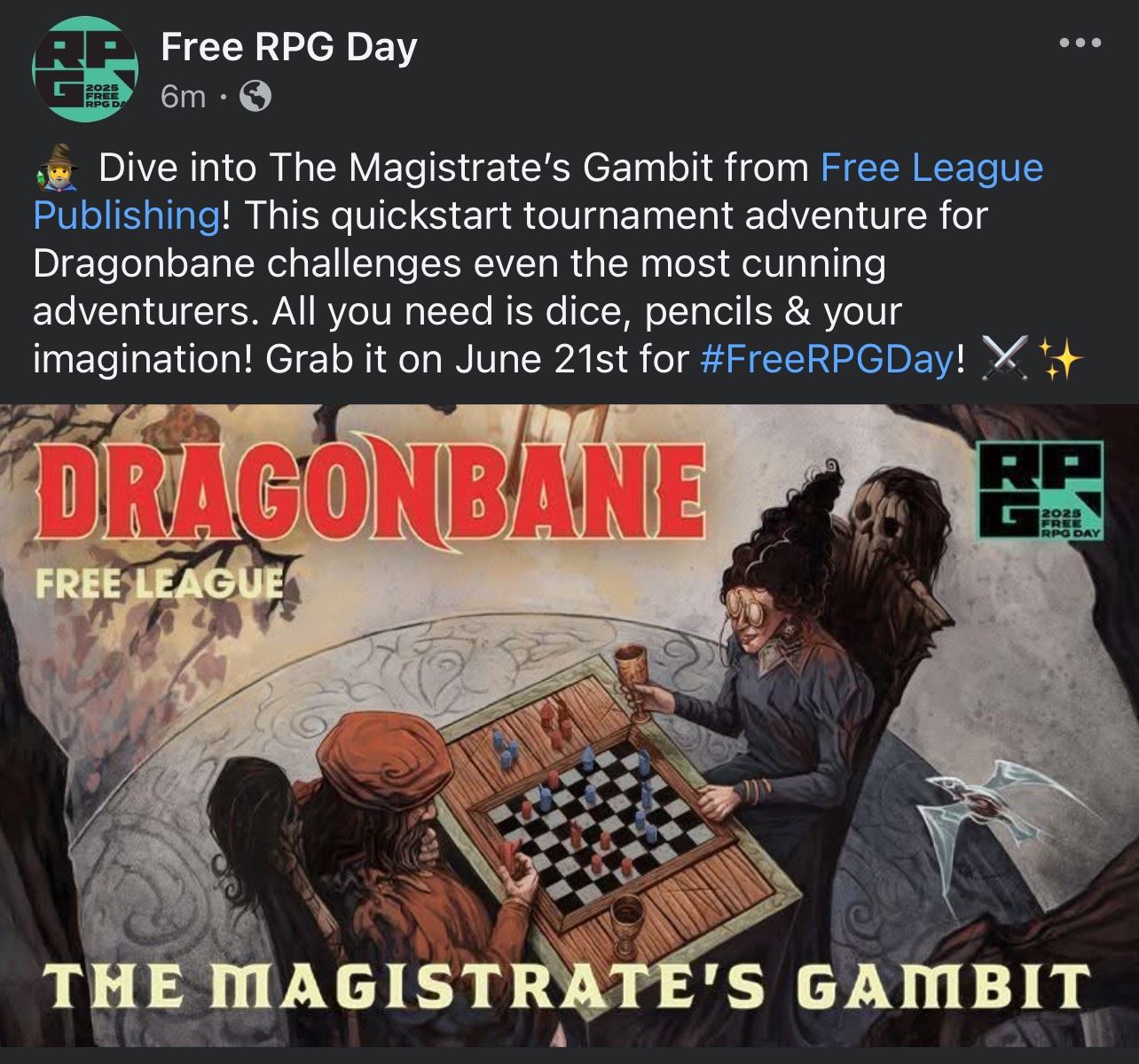 🧙‍♂️ Dive into The Magistrate’s Gambit from Free League Publishing! This quickstart tournament adventure for Dragonbane challenges even the most cunning adventurers. All you need is dice, pencils & your imagination! Grab it on June 21st for #FreeRPGDay! ⚔️✨