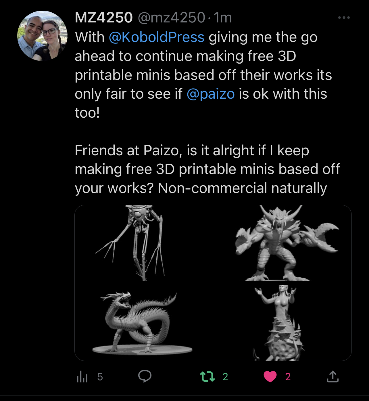 With @KoboldPress giving me the go ahead to continue making free 3D printable minis based off their works its only fair to see if @paizo is ok with this too! Friends at Paizo, is it alright if I keep making free 3D printable minis based off your works? Non-commercial naturally With @KoboldPress giving me the go ahead to continue making free 3D printable minis based off their works its only fair to see if @paizo is ok with this too! Friends at Paizo, is it alright if I keep making free 3D printable minis based off your works? Non-commercial naturally