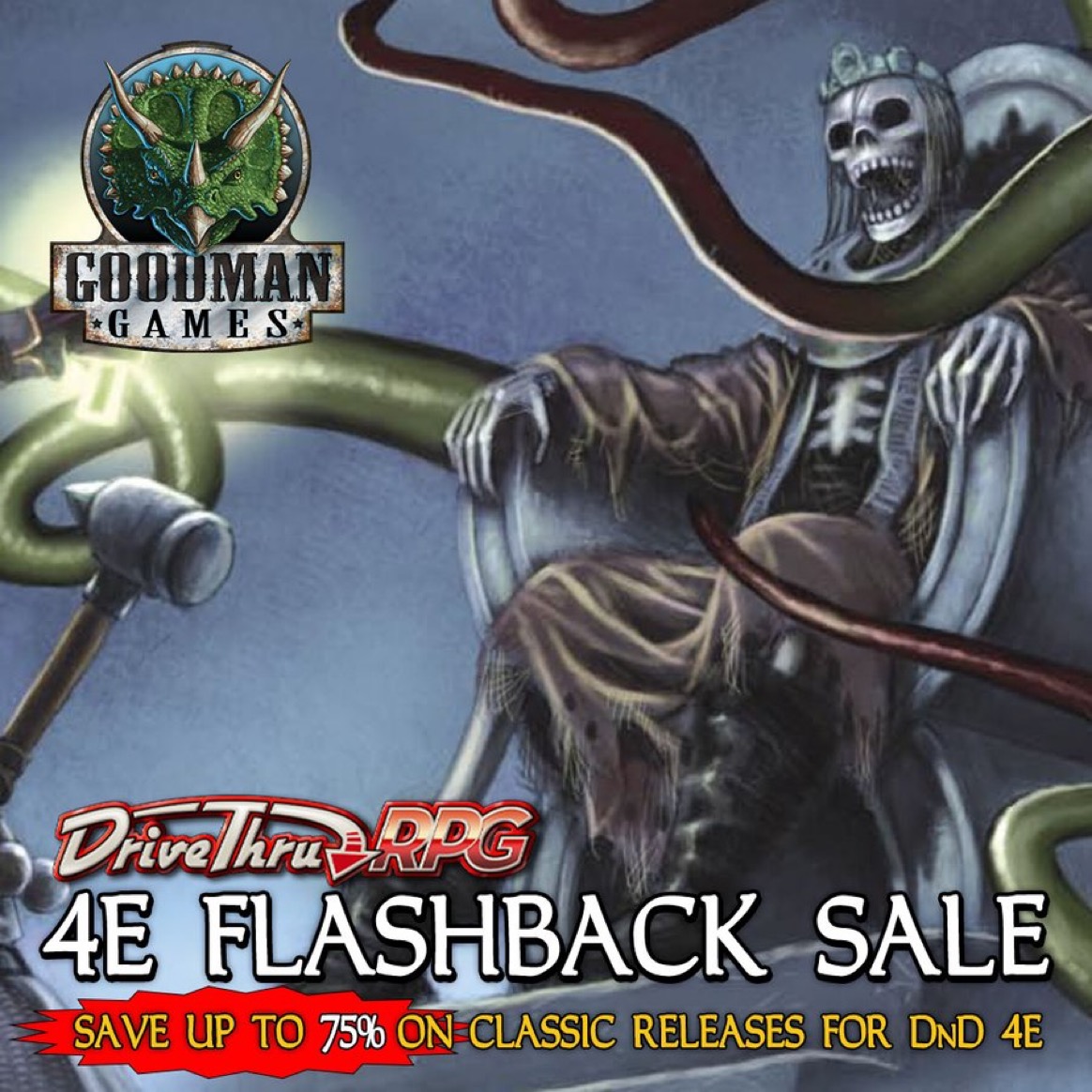 The promo are of a tentacles lich king in a throne. It says DriveThru 4e Flashback sale save up to 75% on classic releases for dnd 4e.