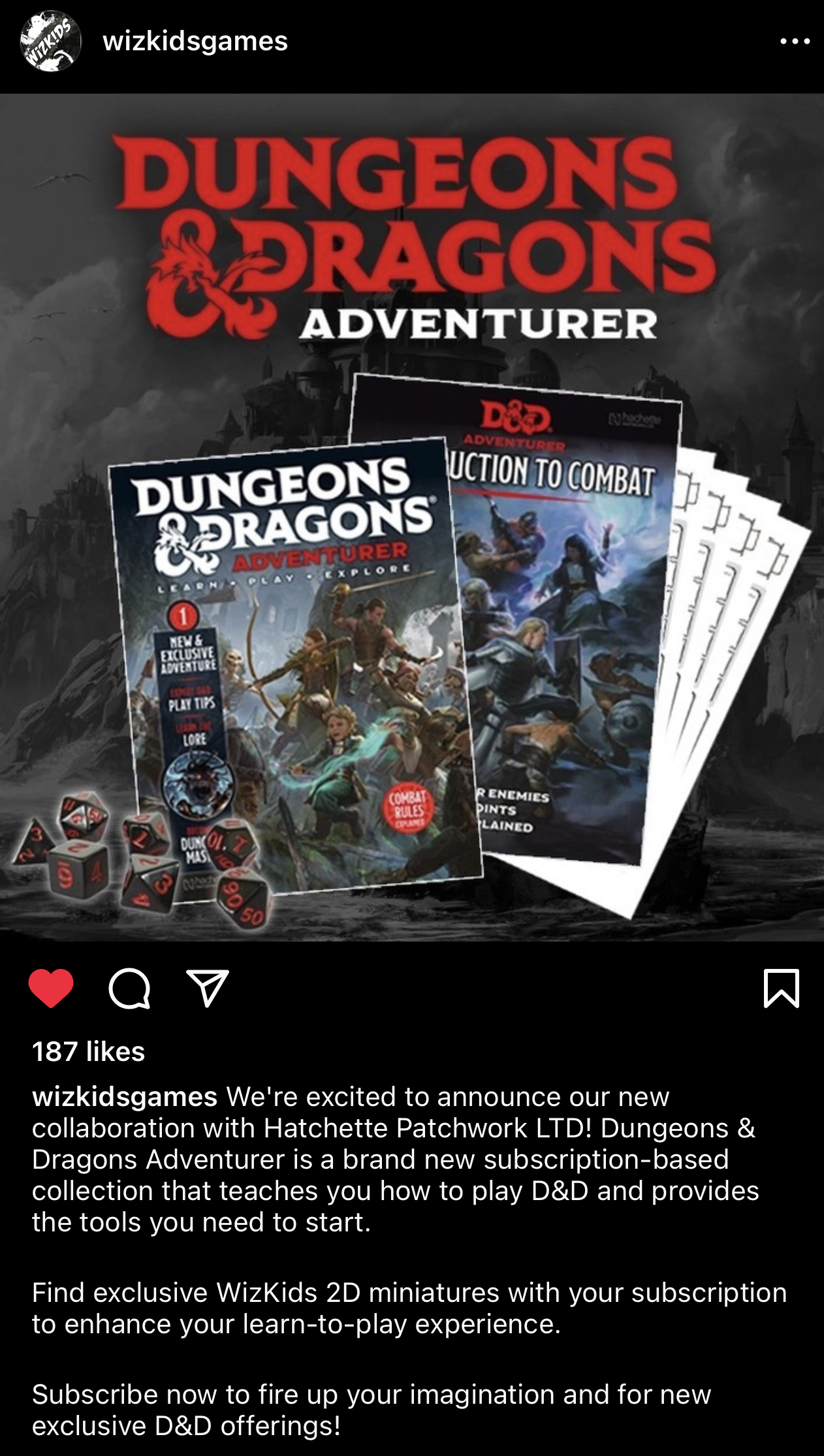 wizkidsgames We're excited to announce our new collaboration with Hatchette Patchwork LTD! Dungeons & Dragons Adventurer is a brand new subscription-based collection that teaches you how to play D&D and provides the tools you need to start. Find exclusive WizKids 2D miniatures with your subscription to enhance your learn-to-play experience.