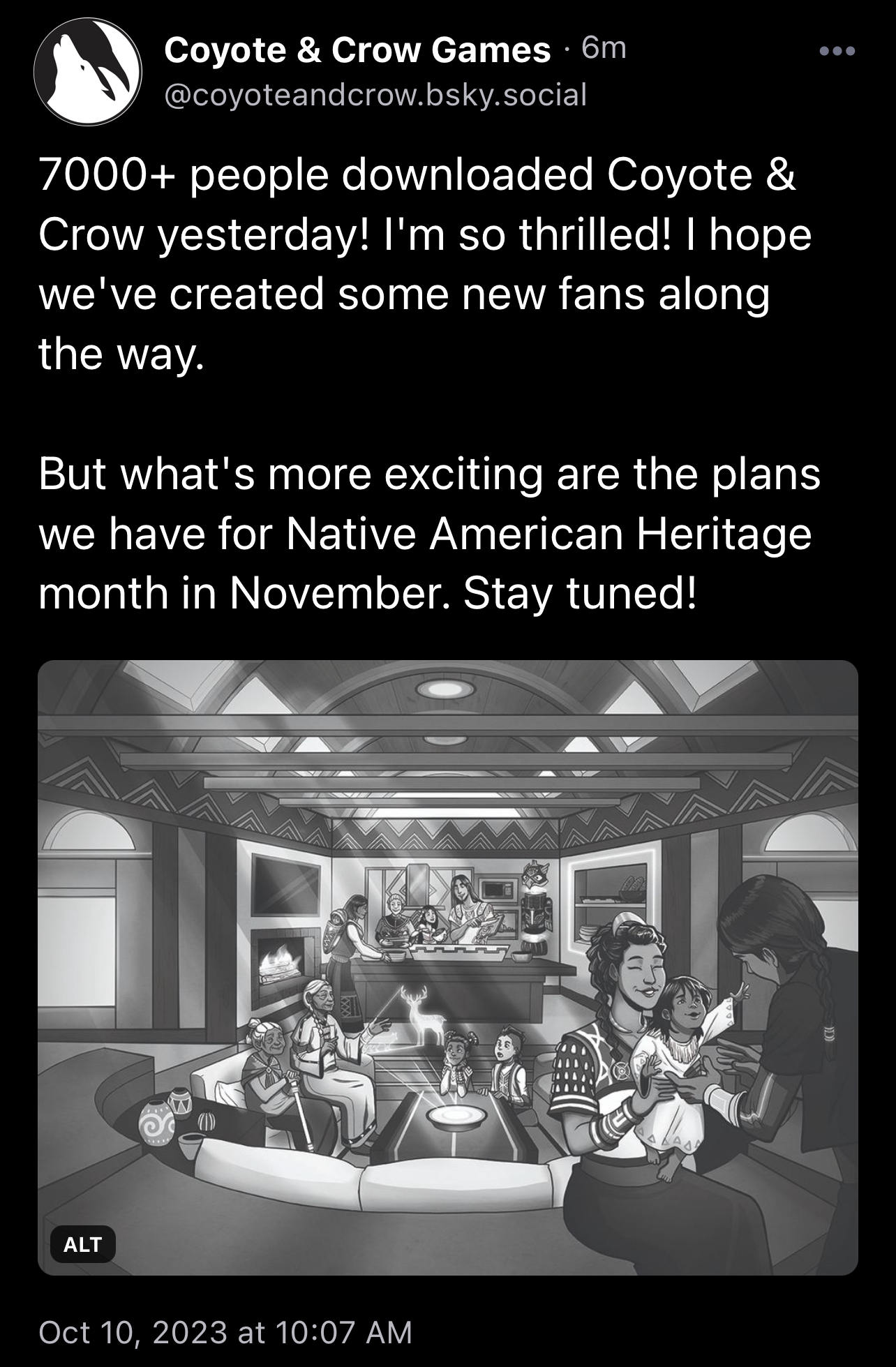 7000+ people downloaded Coyote & Crow yesterday! I'm so thrilled! I hope we've created some new fans along the way.  But what's more exciting are the plans we have for Native American Heritage month in November. Stay tuned! The internal image is A multigenerational family enjoying a meal in Coyote & Crow