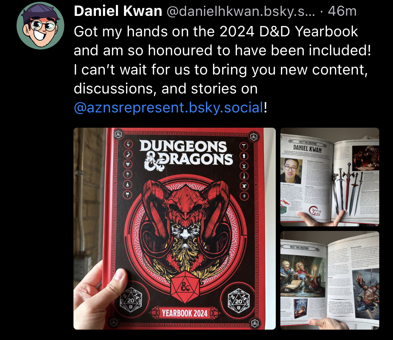 Got my hands on the 2024 D&D Yearbook and am so honoured to have been included! I can’t wait for us to bring you new content, discussions, and stories on @aznsrepresent.bsky.social!