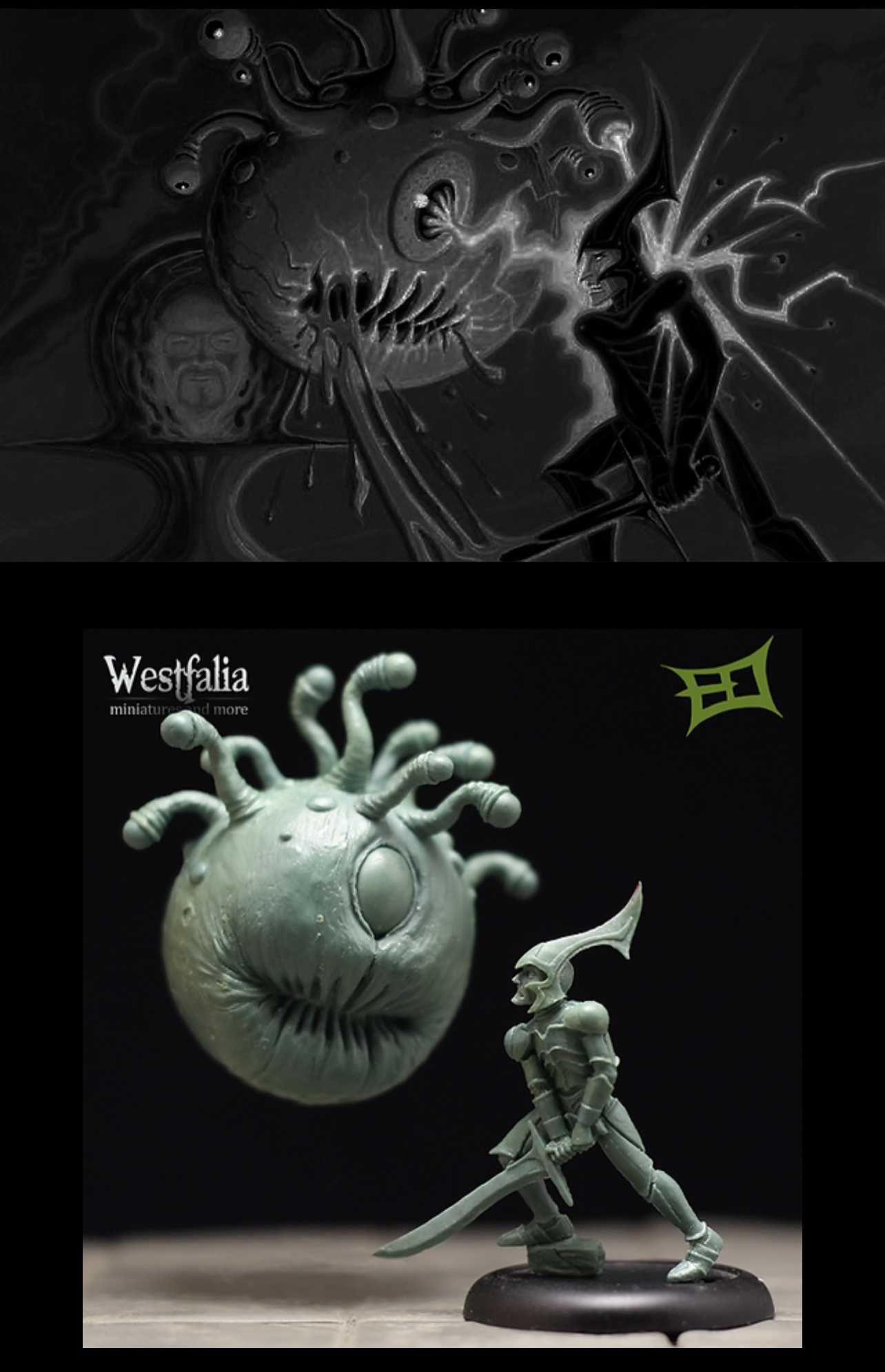 Erol Otus depiction of a fighter in cool armor facing a weird beholder. In his original painting and carved as miniatures.