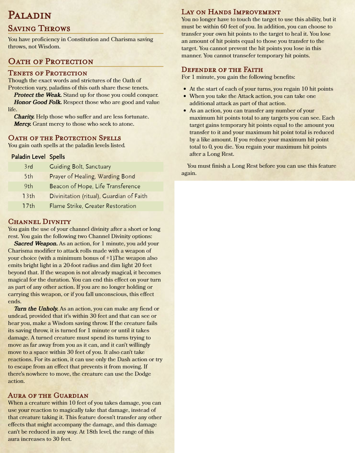 Paladin Chart 5e