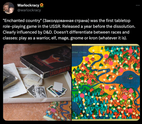 Enchanted country (Заколдованная страна) was the first tabletop role-playing game in the USSR. Released a year before the dissolution. Clearly influenced by D&D. Doesn't differentiate between races and classes: play as a warrior, elf, mage, gnome or kron (whatever it is).