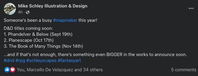 Someone’s been a busy #mapmaker this year! D&D titles coming soon: 1. Phandelver & Below (Sept 19th) 2. Planescape (Oct 17th) 3. The Book of Many Things (Nov 14th) …and if that’s not enough, there’s something even BIGGER in the works to announce soon. #dnd #rpg #schleyscapes #fantasyart