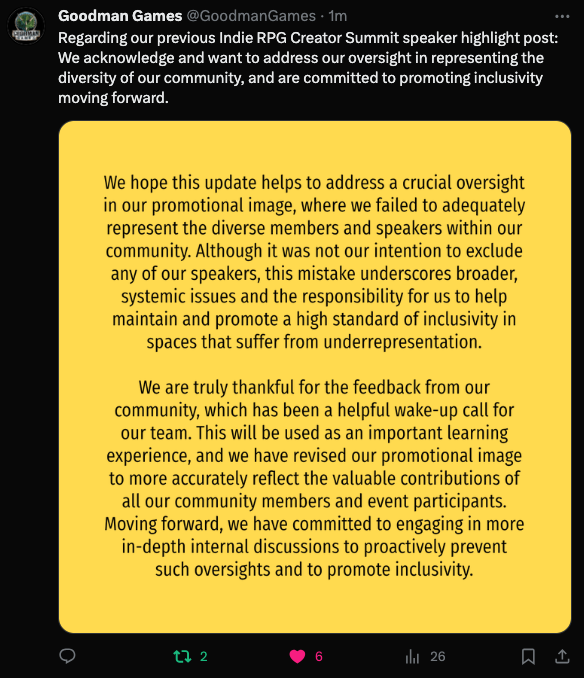 We hope this update helps to address a crucial oversight in our promotional image, where we failed to adequately represent the diverse members and speakers within our community. Although it was not our intention to exclude any of our speakers, this mistake underscores broader, systemic issues and the responsibility for us to help maintain and promote a high standard of inclusivity in spaces that suffer from underrepresentation. We are truly thankful for the feedback from our community, which has been a helpful wake-up call for our team. This will be used as an important learning experience, and we have revised our promotional image to more accurately reflect the valuable contributions of all our community members and event participants. Moving forward, we have committed to engaging in more in-depth internal discussions to proactively prevent such oversights and to promote inclusivity.
