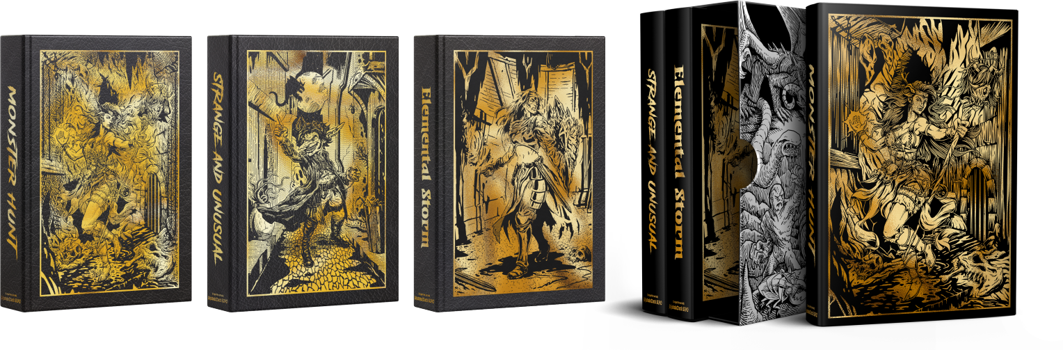 Three deluxe edition hardcover books with gold-on-black illustrations on the front as well as a slipcase to contain them.