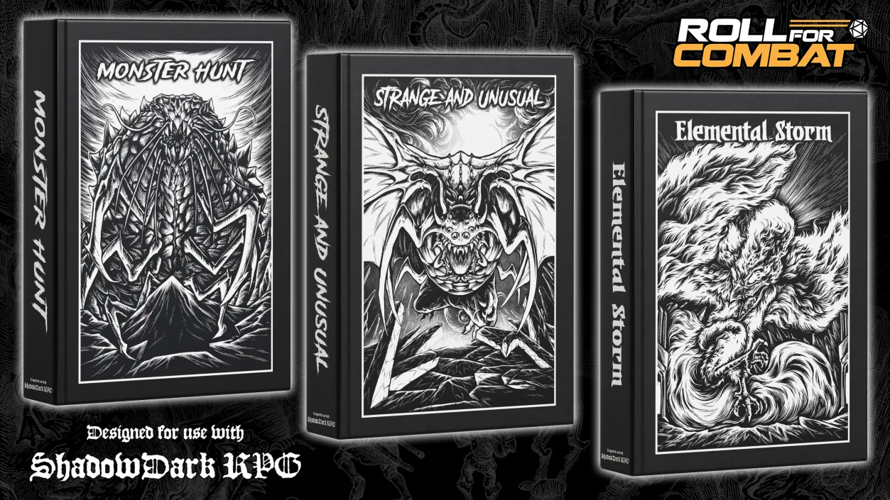 Three Shadowdark-style hardcoverbooks with silver-on-black monsters on their covers.