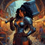 A vibrant 1970s fantasy style RPG illustration of a freckled dark brown-skinned dwarf woman, ...jpeg