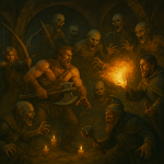 A scene out of a Dungeons & Dragons game. A party of adventurers - a human barbarian with batt...png