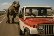 A Tyrannosaurus Rex chases a white jeep along a deserted highway in Texas. The jeep is red and...png