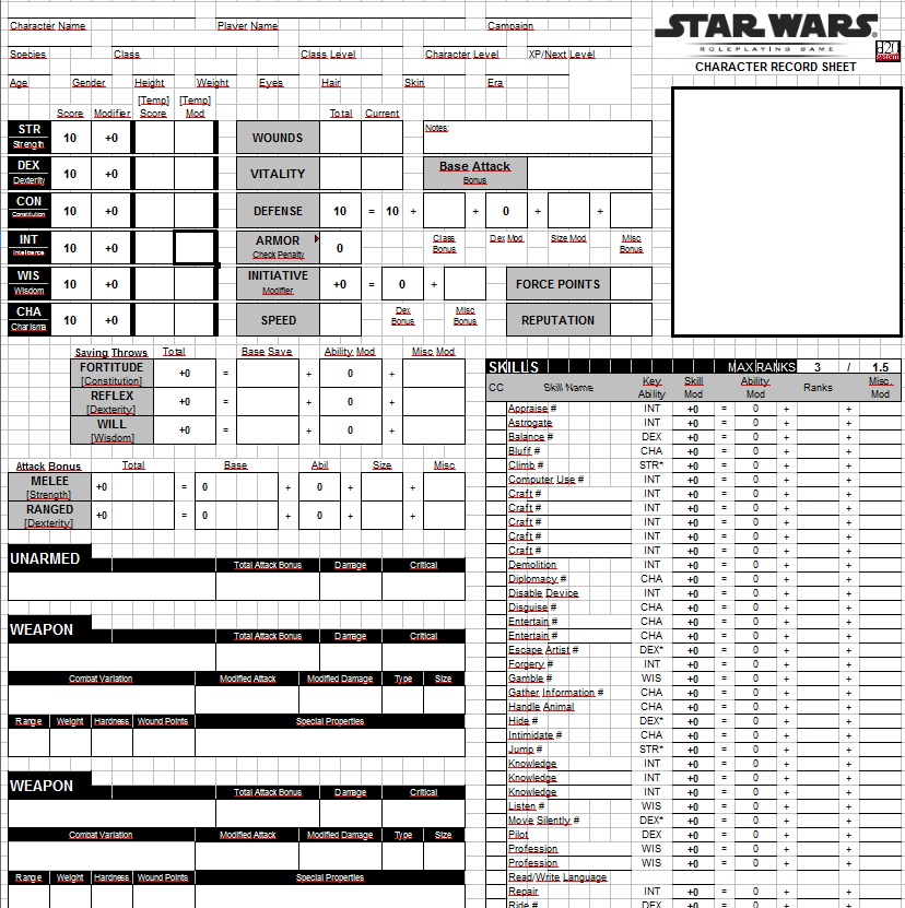 Star Wars D20 Character Sheet
