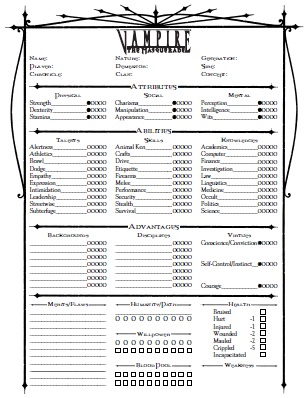Vampire: the Masquerade (3rd Edition) Official Character Sheet
