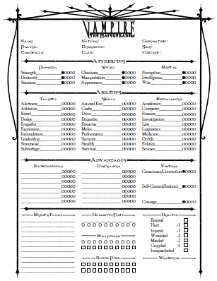 Vampire: The Masquerade 5th Edition Roleplaying Game PDF Fillable Character  Sheet