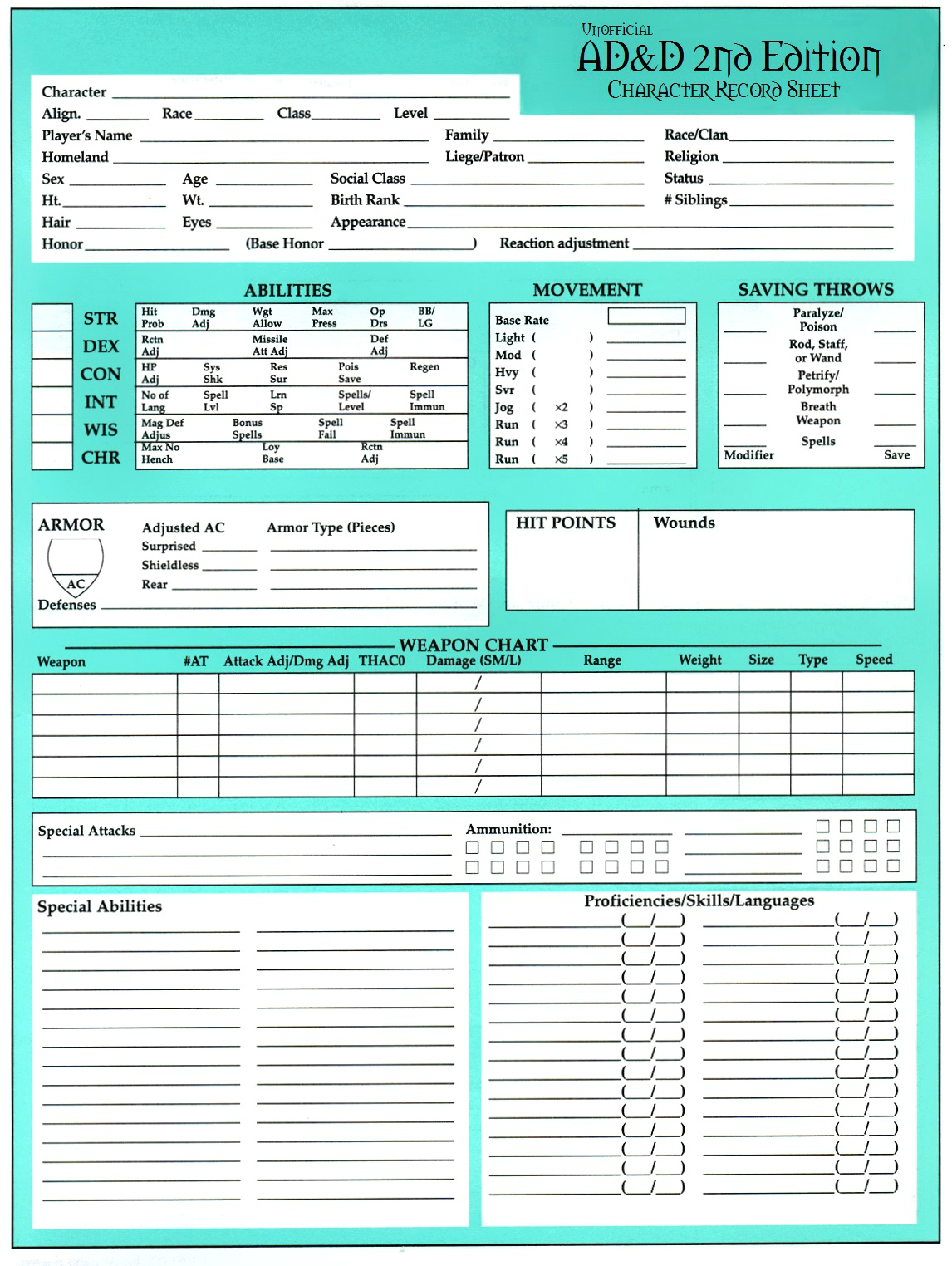 Green AD D 2nd Edition Character Sheet 2E EN World Dungeons 