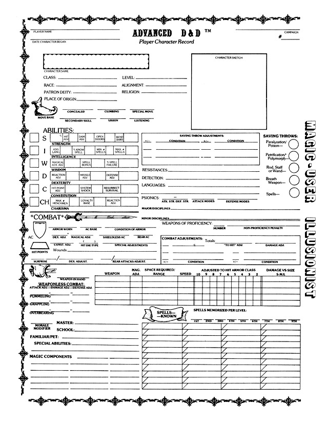 Ad D 2nd Edition Character Sheet Printable