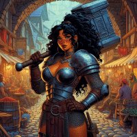A vibrant 1970s fantasy style RPG illustration of a freckled dark brown-skinned dwarf woman, ...jpeg